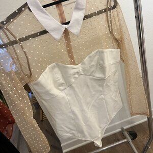 Collared Bodysuit With Dotted Tulle- Ivory